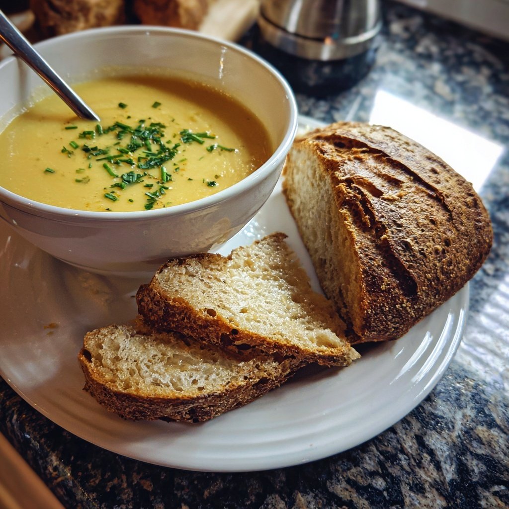 Abendessen mit Suppe und Brot