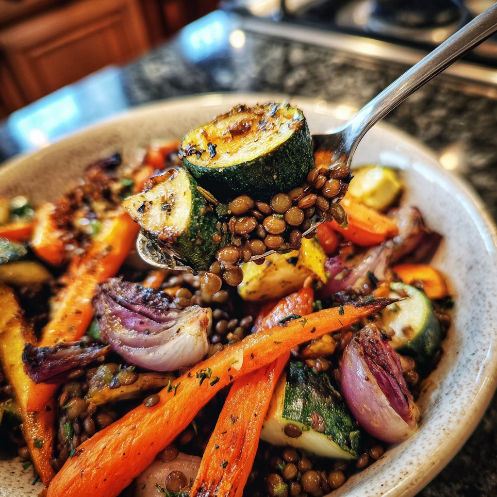 Mittagessen mit Linsen und Ofengemüse